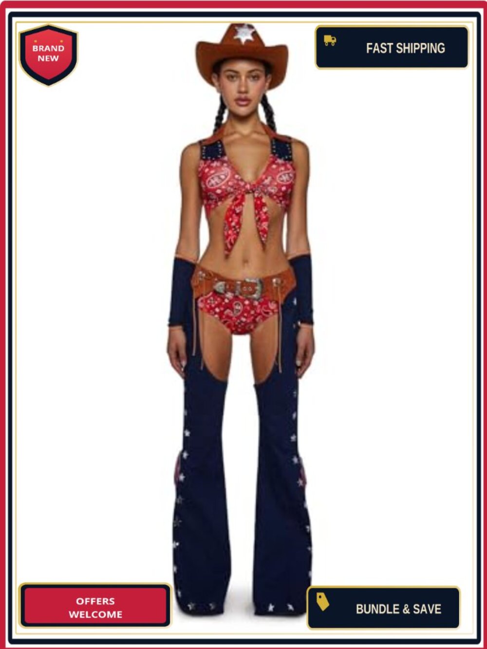 Cowgirl Costume Set Fringe Crop Top Chaps Hat Western Halloween